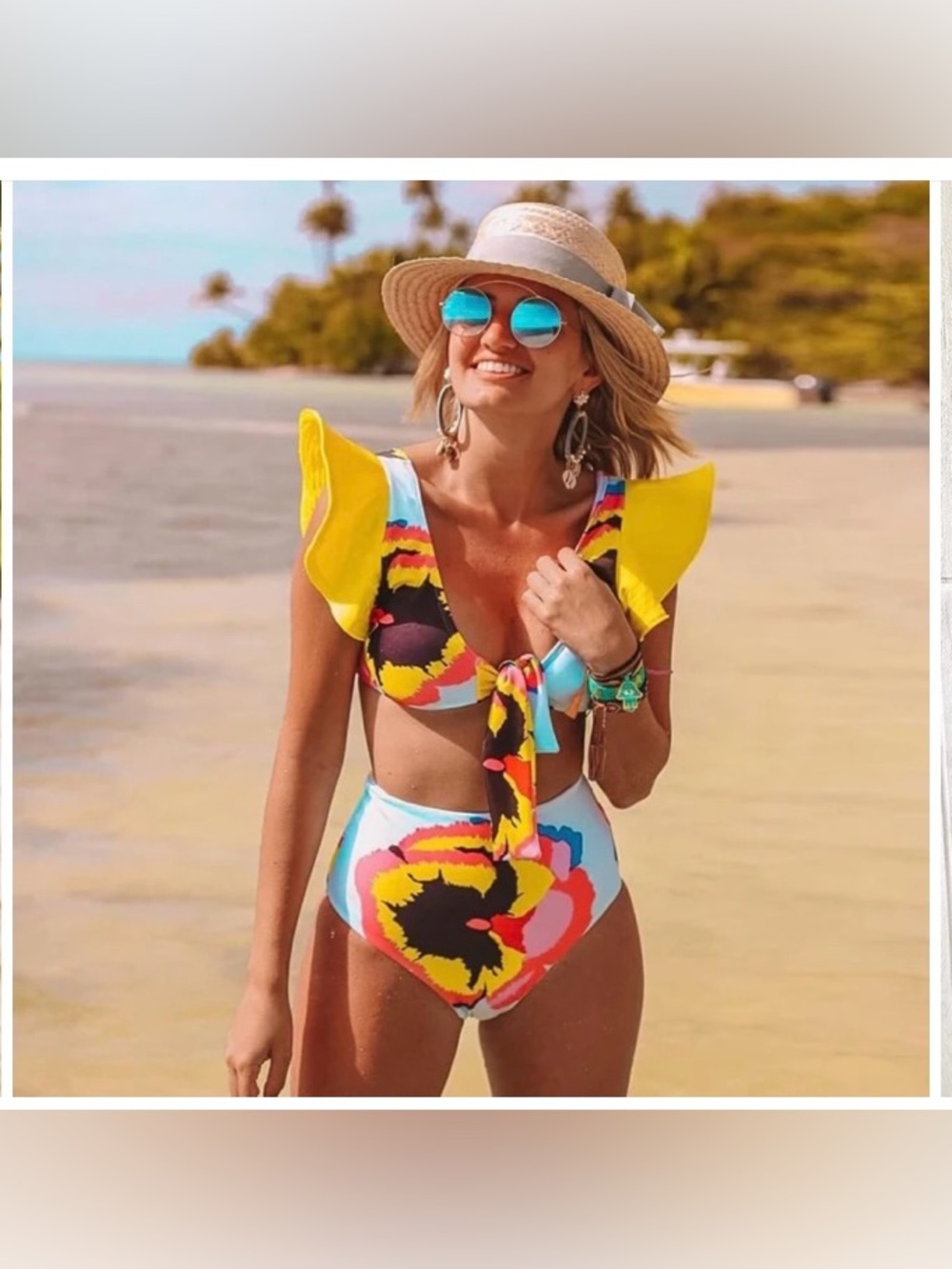 Colorful Floral Tie-Front High-Waist Bikini with Ruffle Sleeves size Large